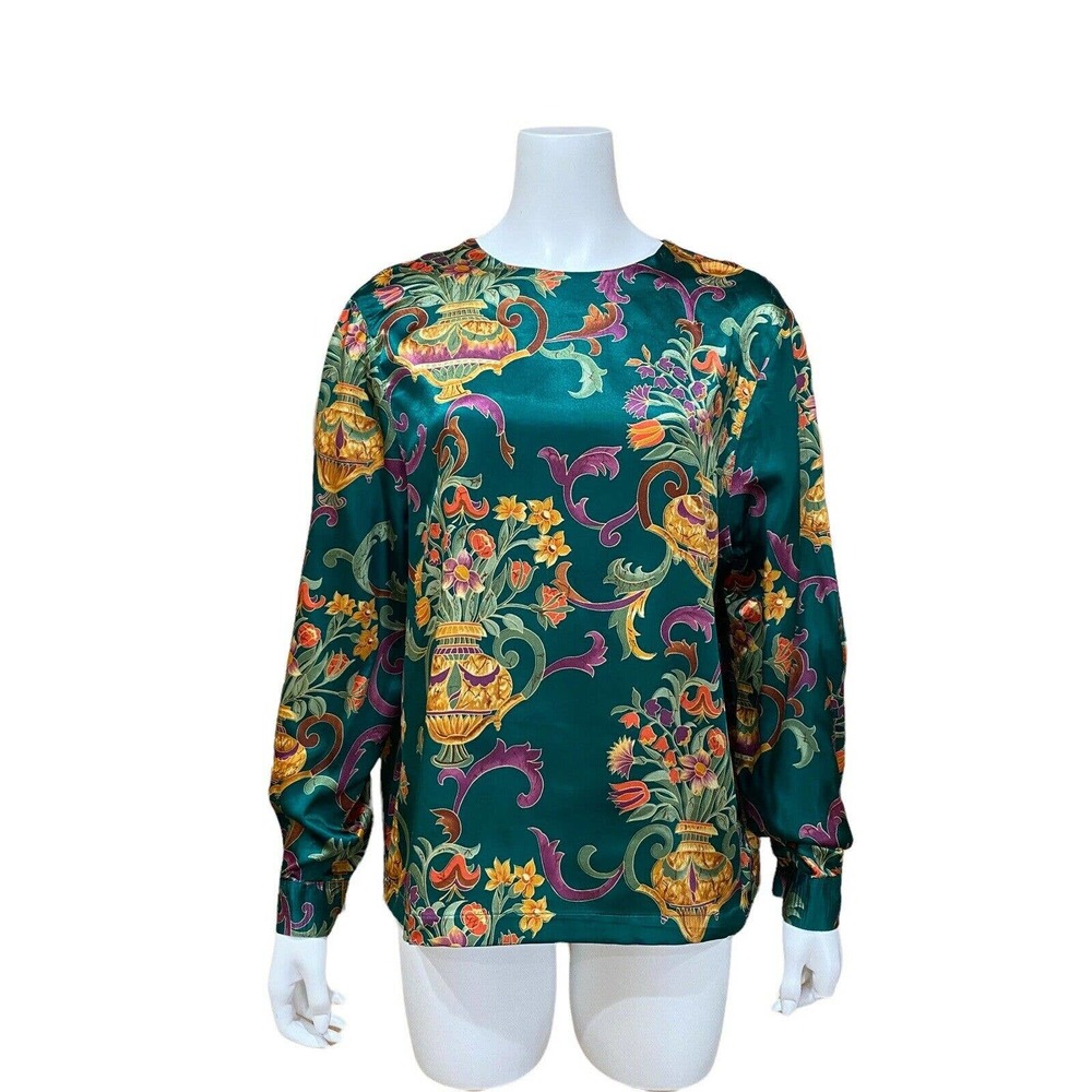 Vintage Green Floral Satin Blouse Shirt Size 16 USA Key Hole